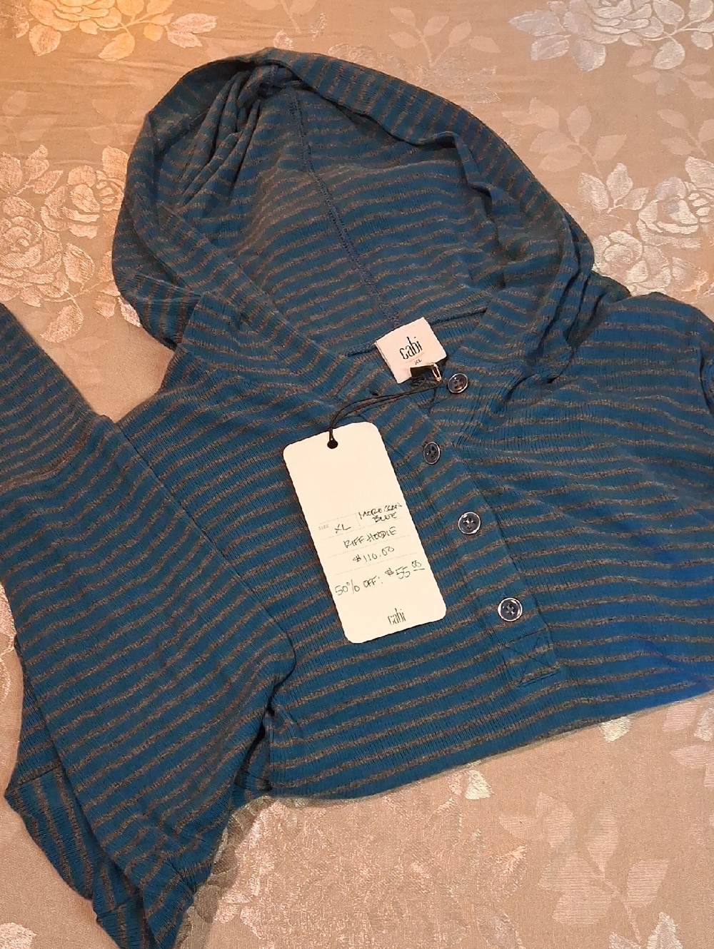 Cabi Women's XL Teal and Gray Striped Cropped Soft Riff Hoodie NWT